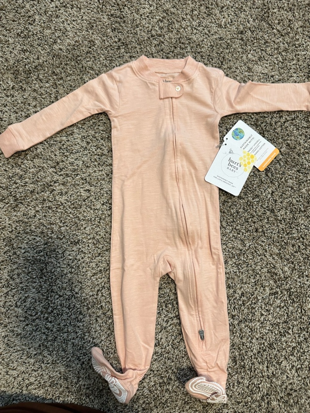 Burt’s Bees Baby Peach Zipper Footed One‑Piece 6‑9M NWT Organic